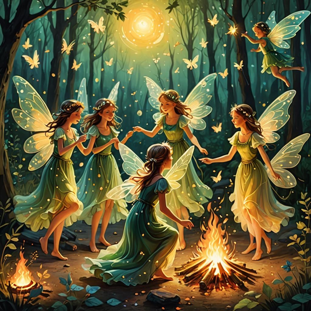 Fairies Dancing Around Bonfire: Folklore Fantasy Art