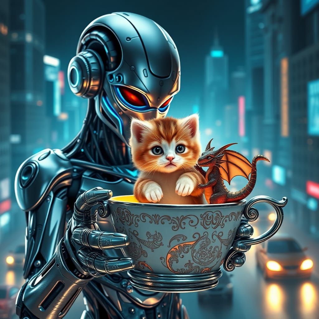 Cyborg and Kitten in Futuristic Cityscape