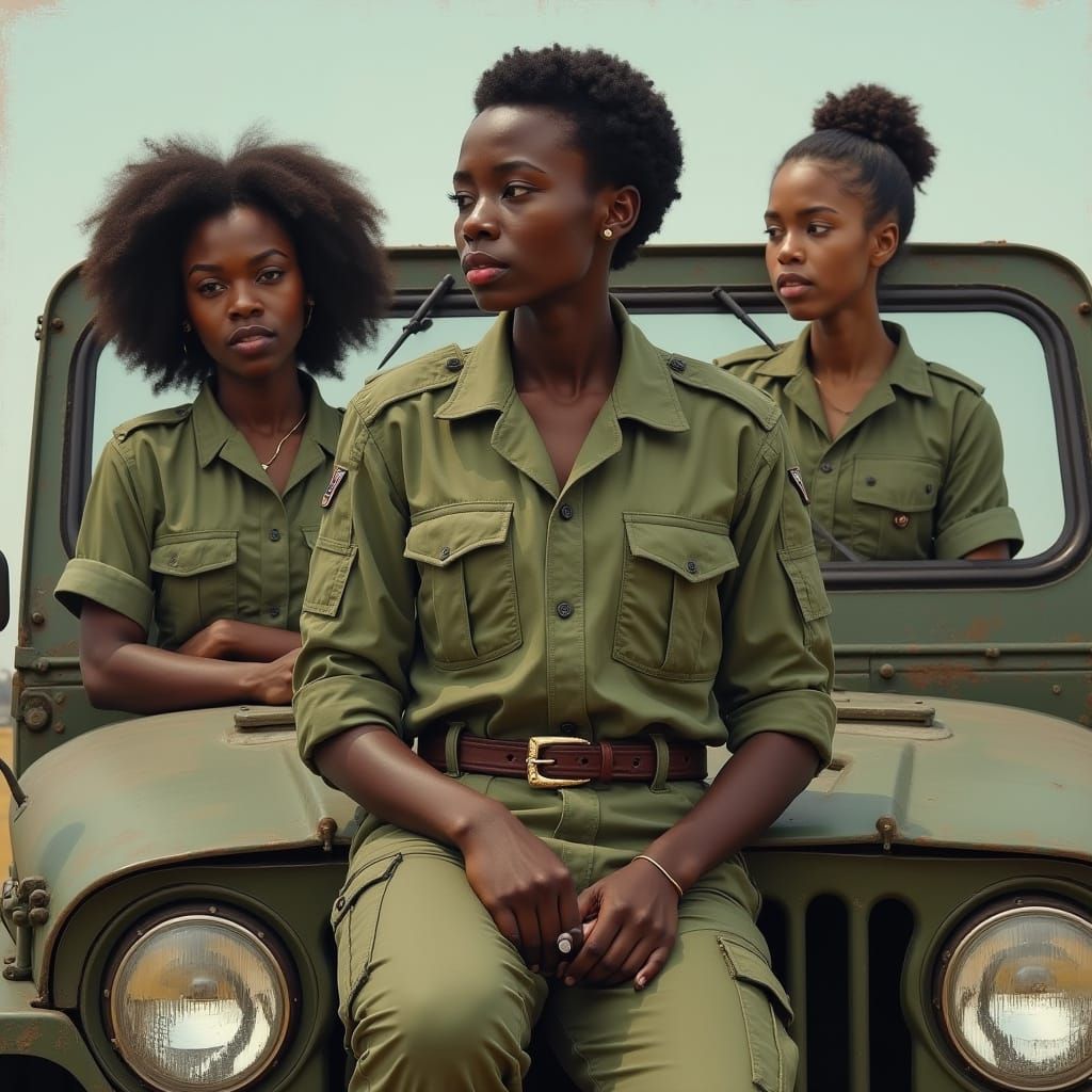 Young Black Woman in Army Gear, Expressionistic Style