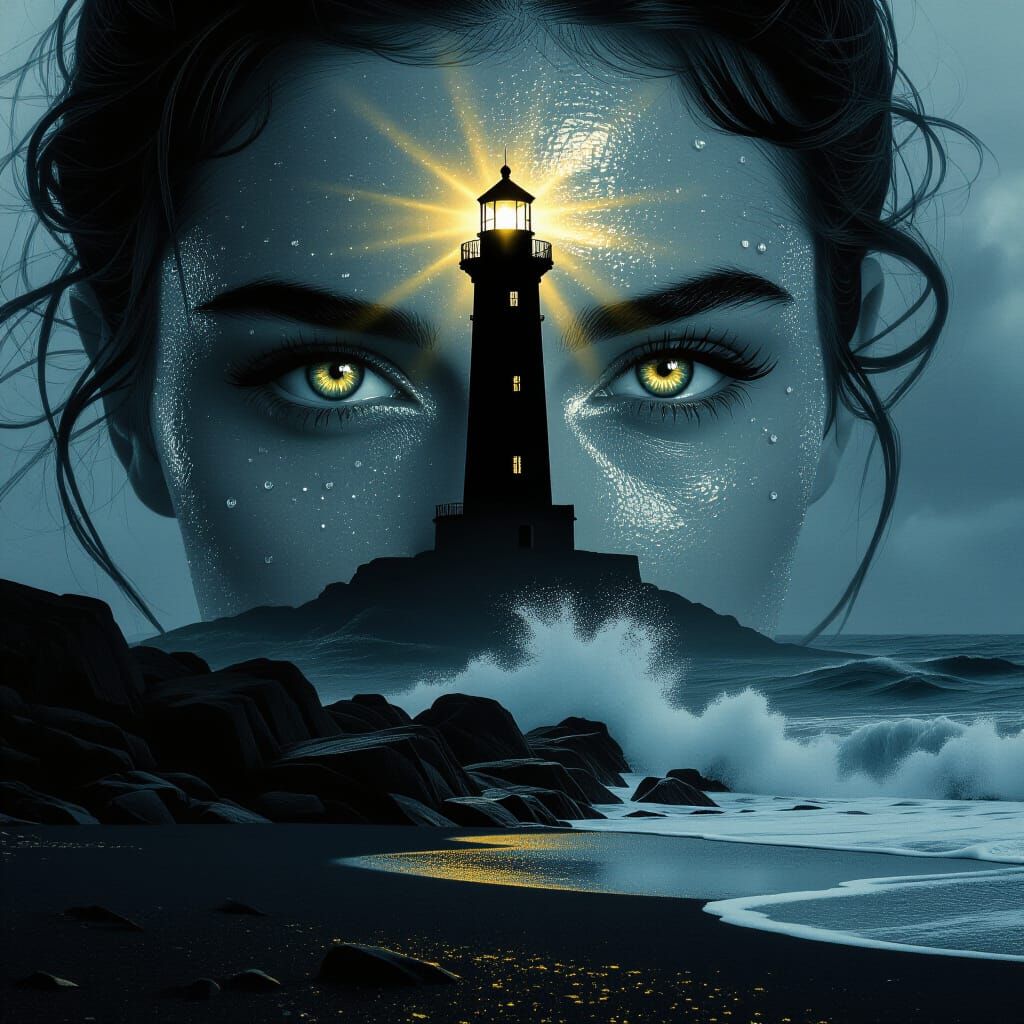 Translucent Woman with Lighthouse Silhouette in Cinematic St...