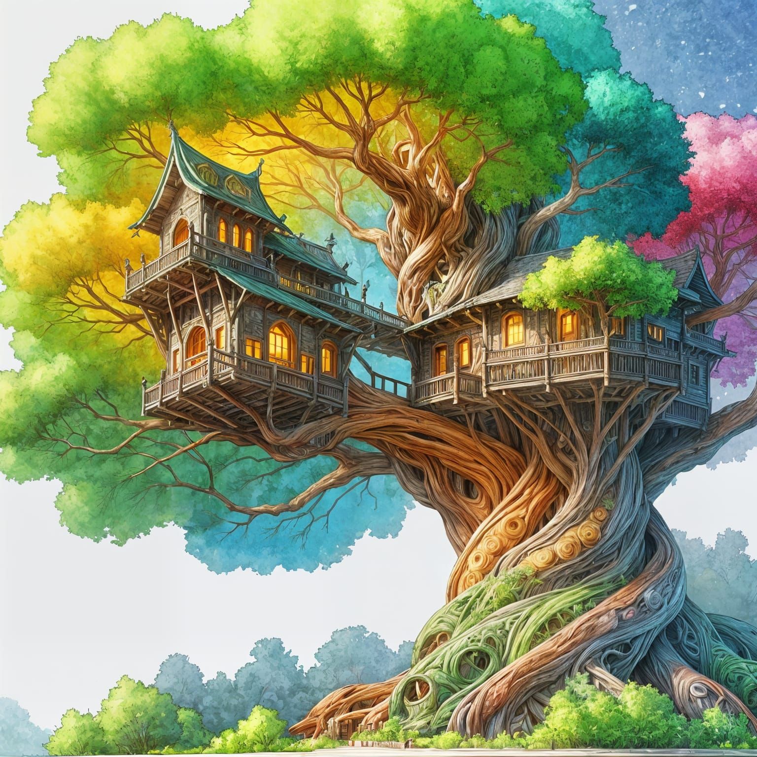 Whimsical Treehouse in Watercolor Style