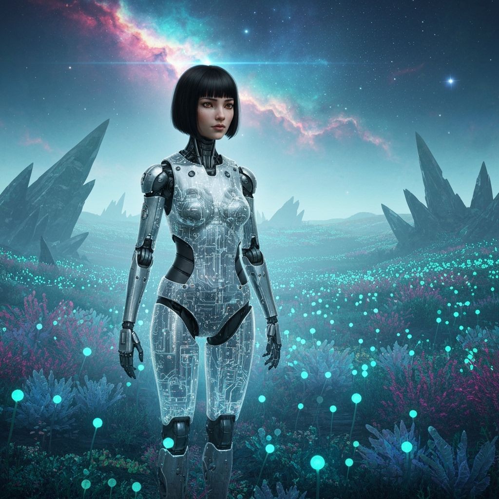 Cyborg Explorer on Bioluminescent Alien Planet