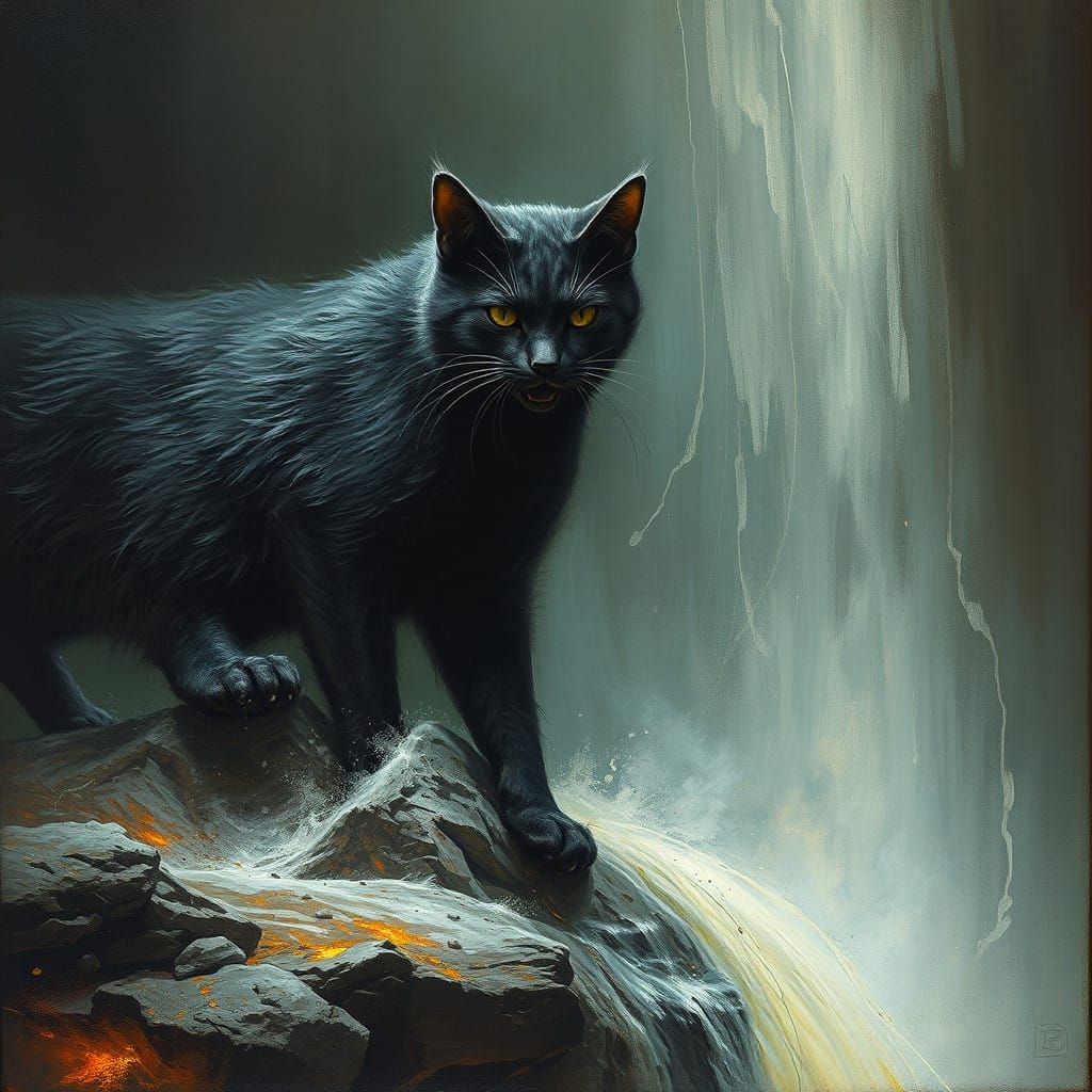 Dark Fantasy Cat Surrounded by a Treacherous Waterfall