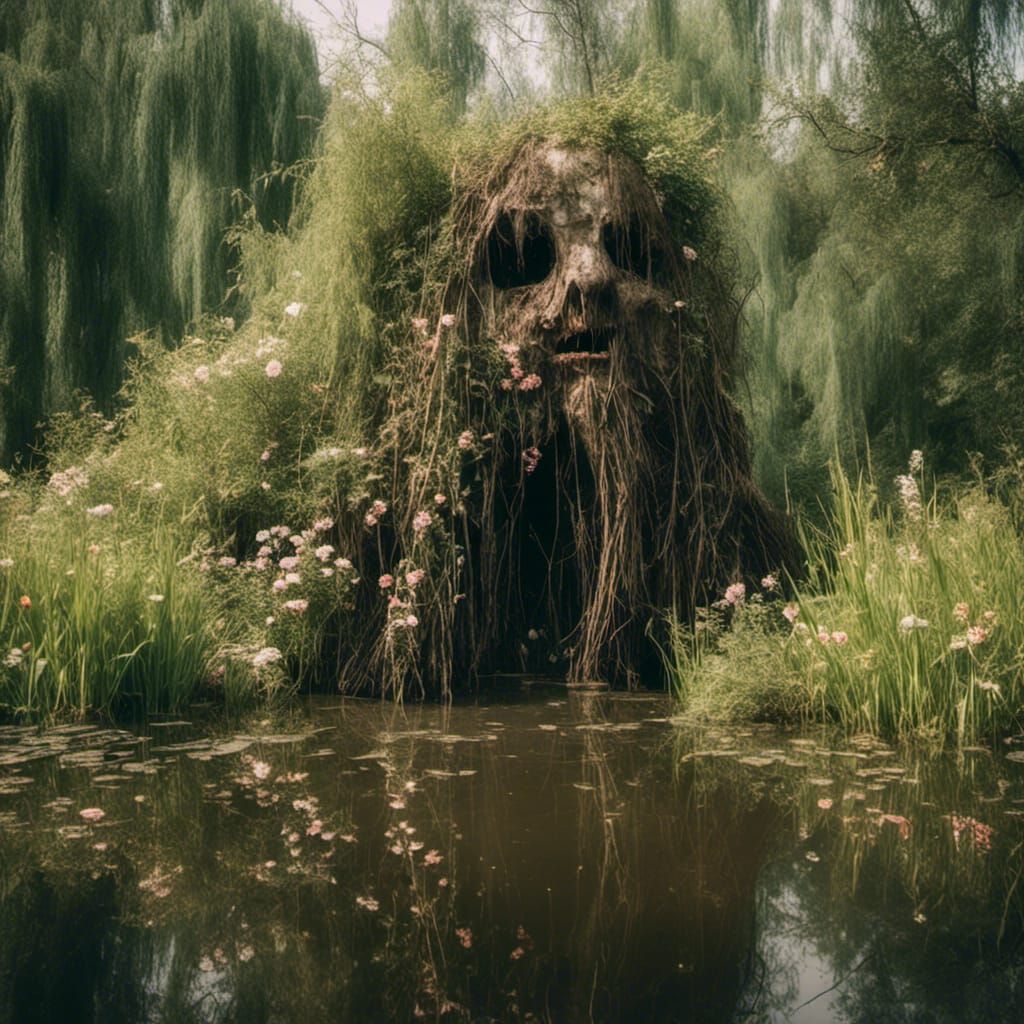 Willow Tree with Evil Face in Overgrown Garden