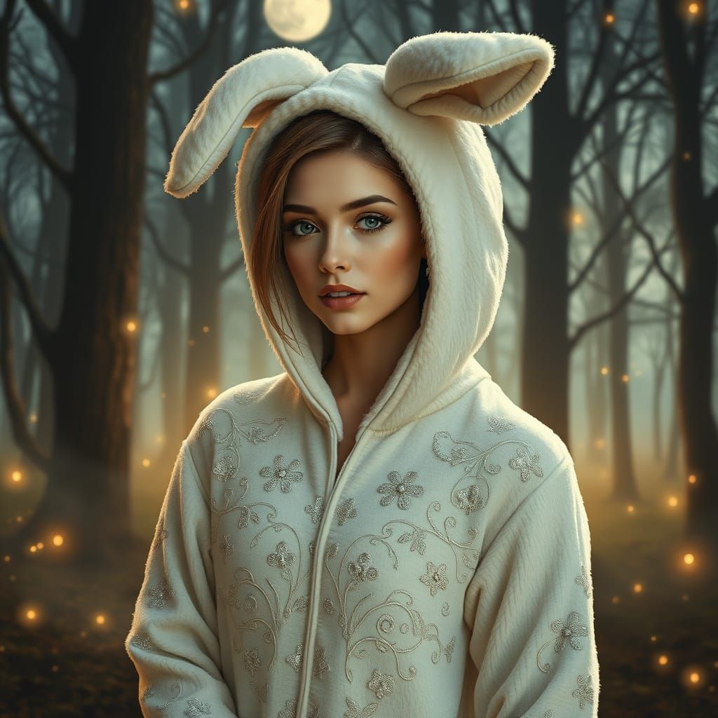 Ethereal Moonlit Forest Maiden in Plush Rabbit Onesie
