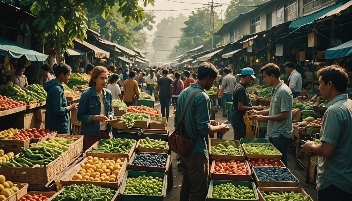 Utopian Market Scene with High-Tech Farms