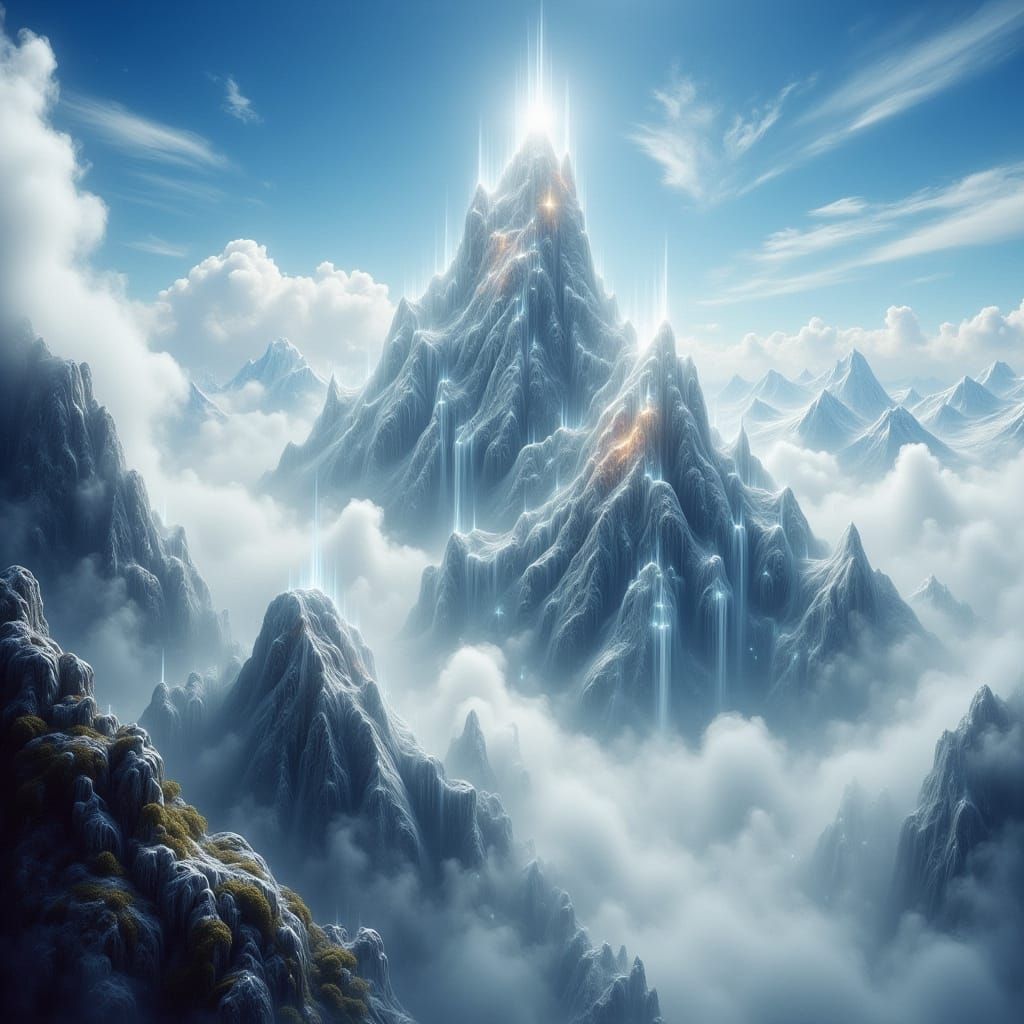 Majestic White Tower in Misty Mountains, Fantasy Landscape
