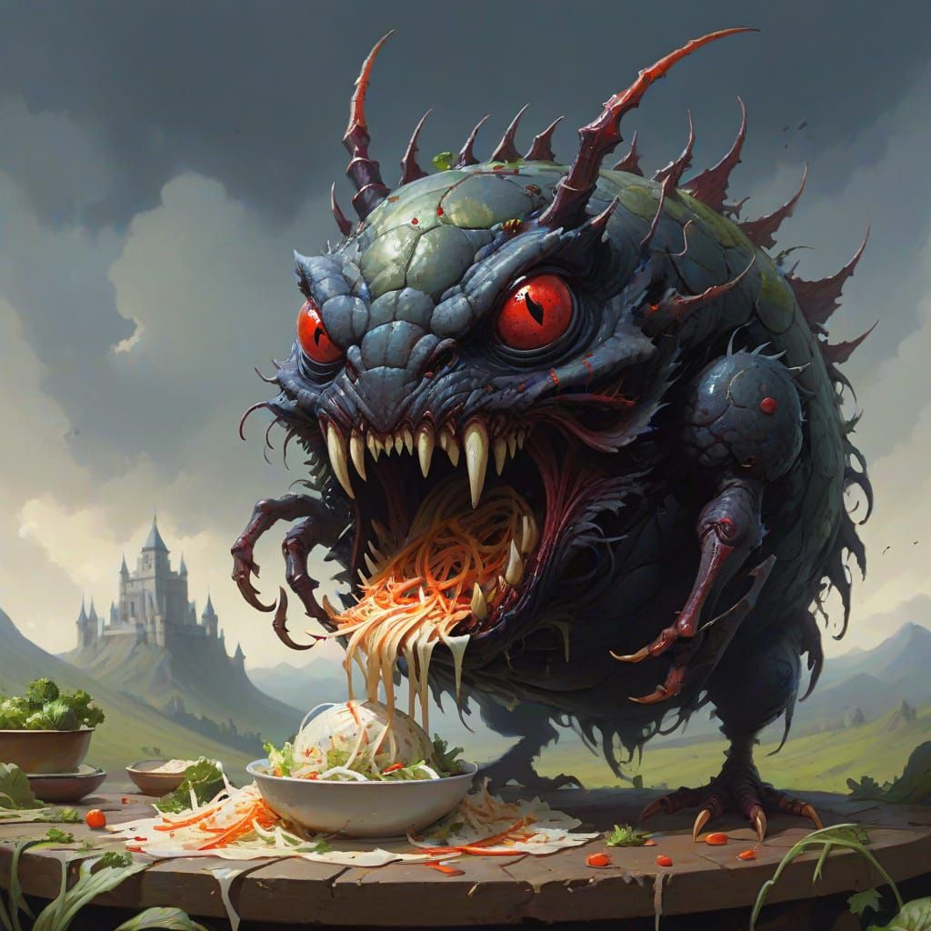 Surreal Red-Eyed Beast Devours Coleslaw in Dark Fantasy Art
