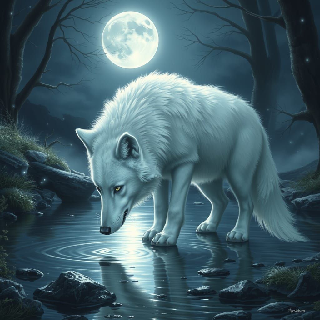 Ethereal White Wolf Drinking Under Moonlight