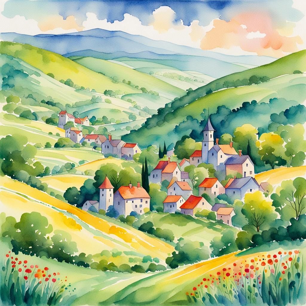 Idyllic Village in Watercolor with Impressionist Influence