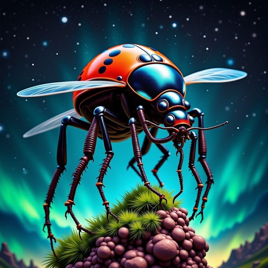 Glowing Ladybug Alien on Celestial Rock