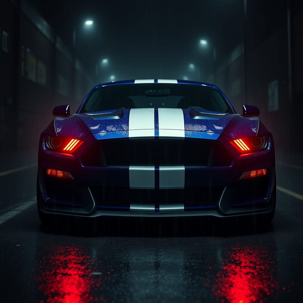 Midnight Blue Mustang in Rain, Futuristic Sci-Fi Style
