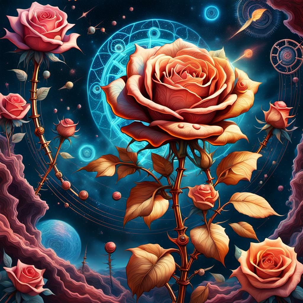 Surreal Mechanical Rose Blooms in Vibrant Astral Landscape