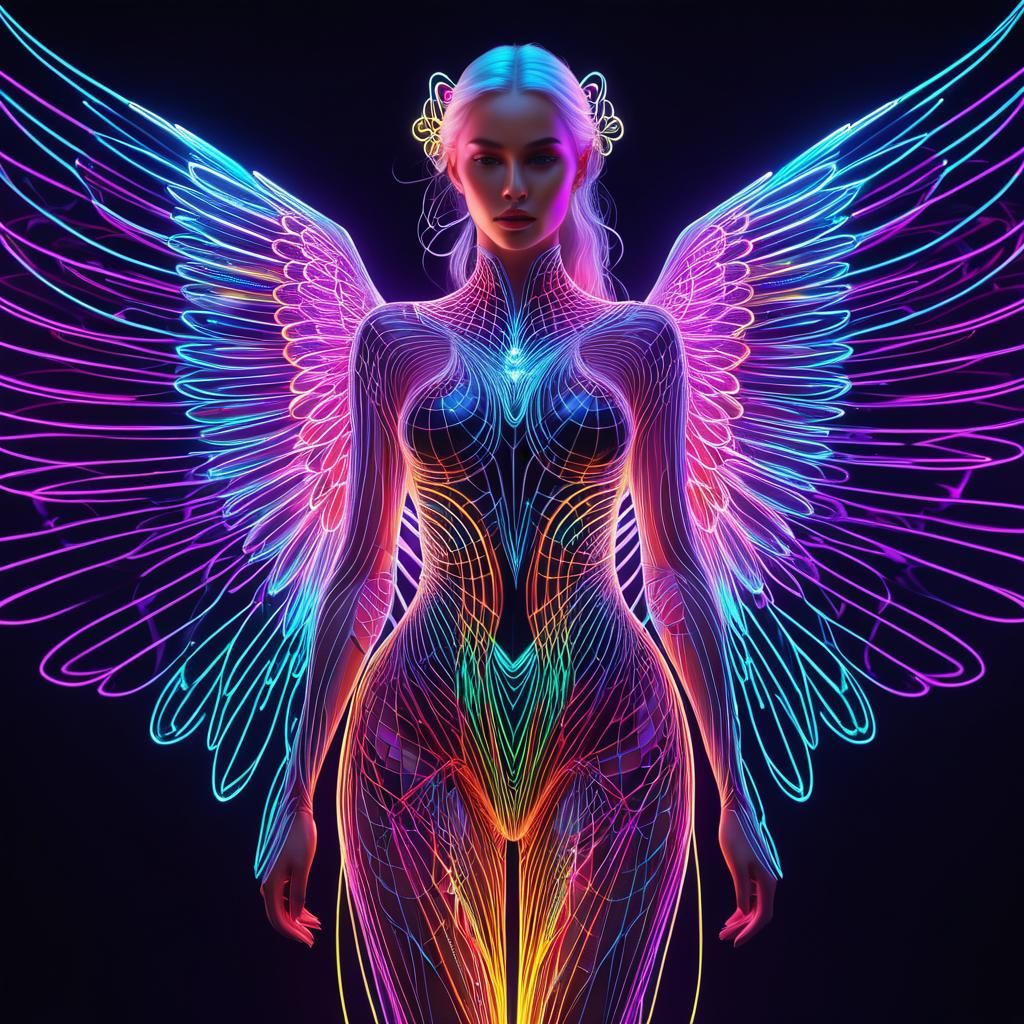 Neon Angel Entangled in a Vaporwave Web
