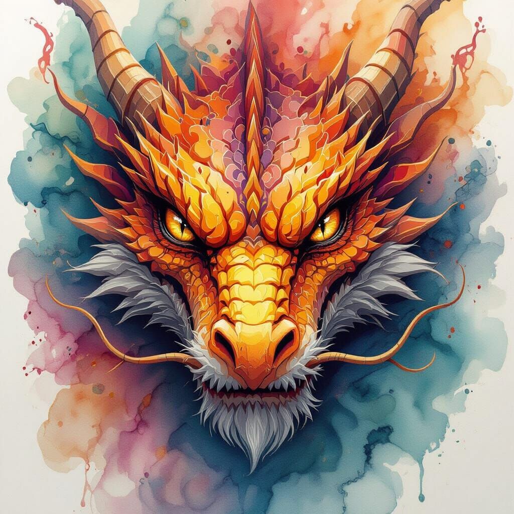 Intense, close-up portrait of a dragon.  Powerful, focused gaze of the dragon.  Detailed, fluid abstract art, flowing, l...