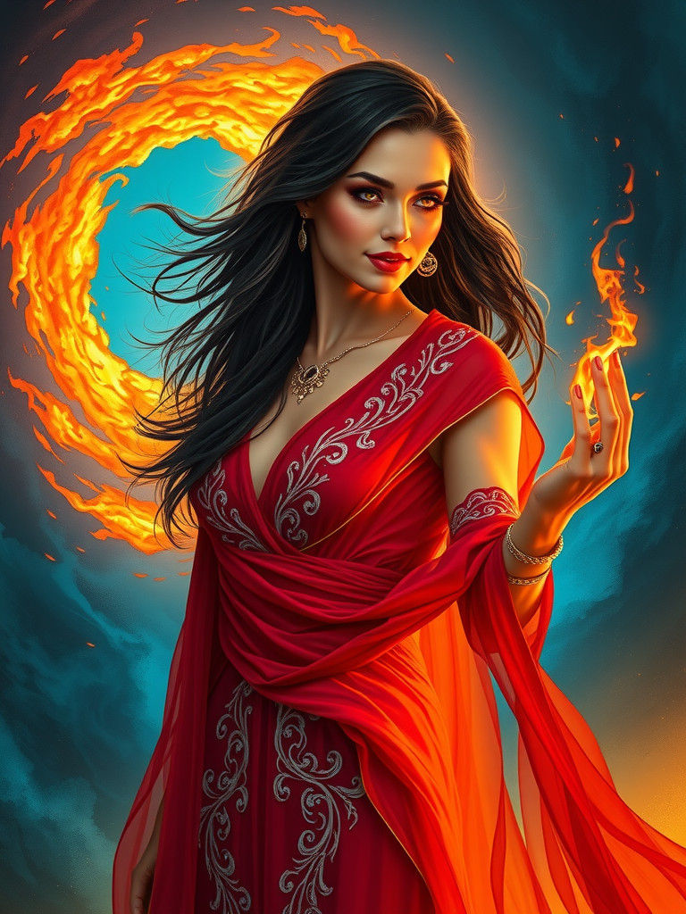 Fiery Goddess in Scarlet Gown with Golden Filigree