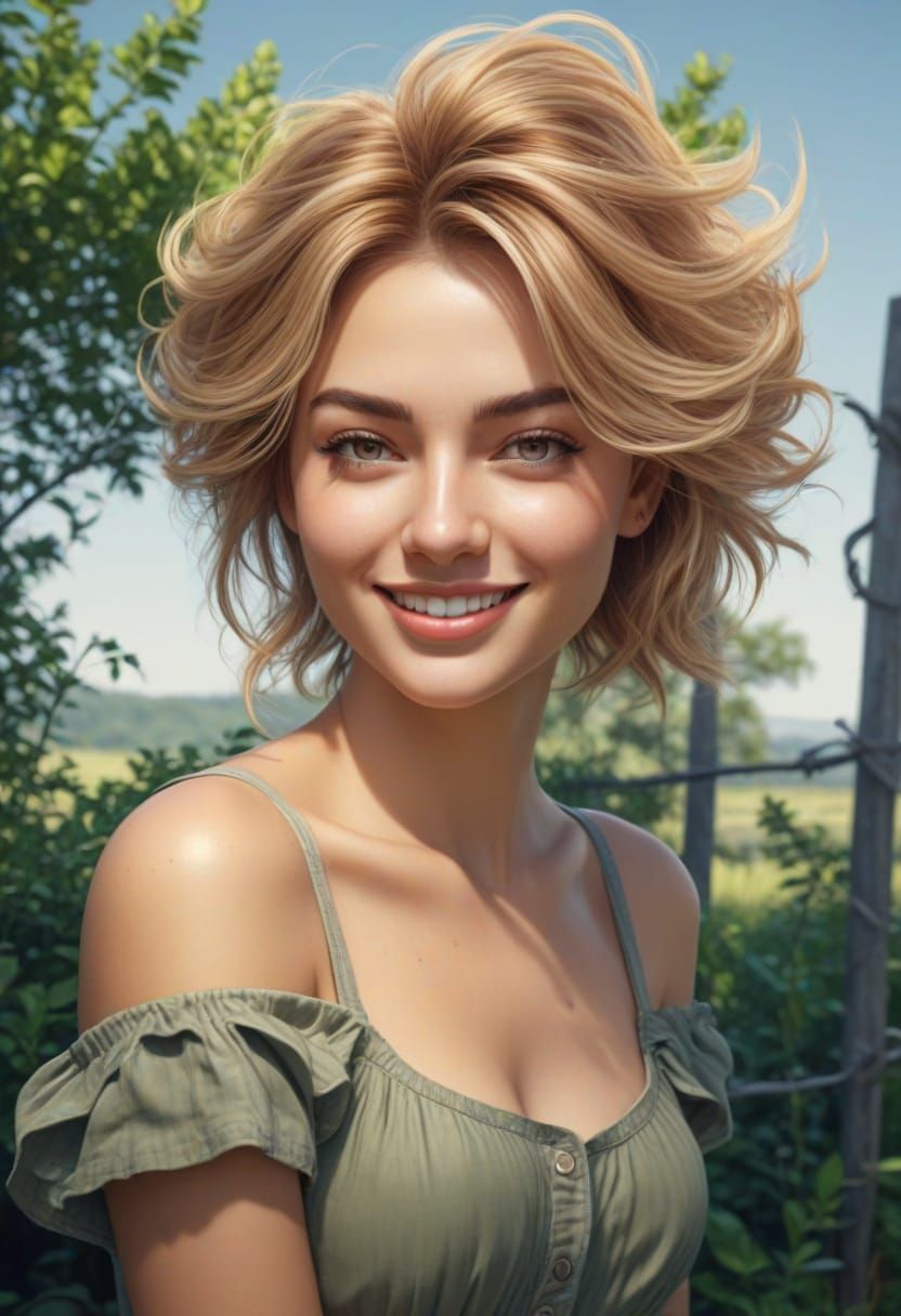 Young Woman in Serene Rural Landscape