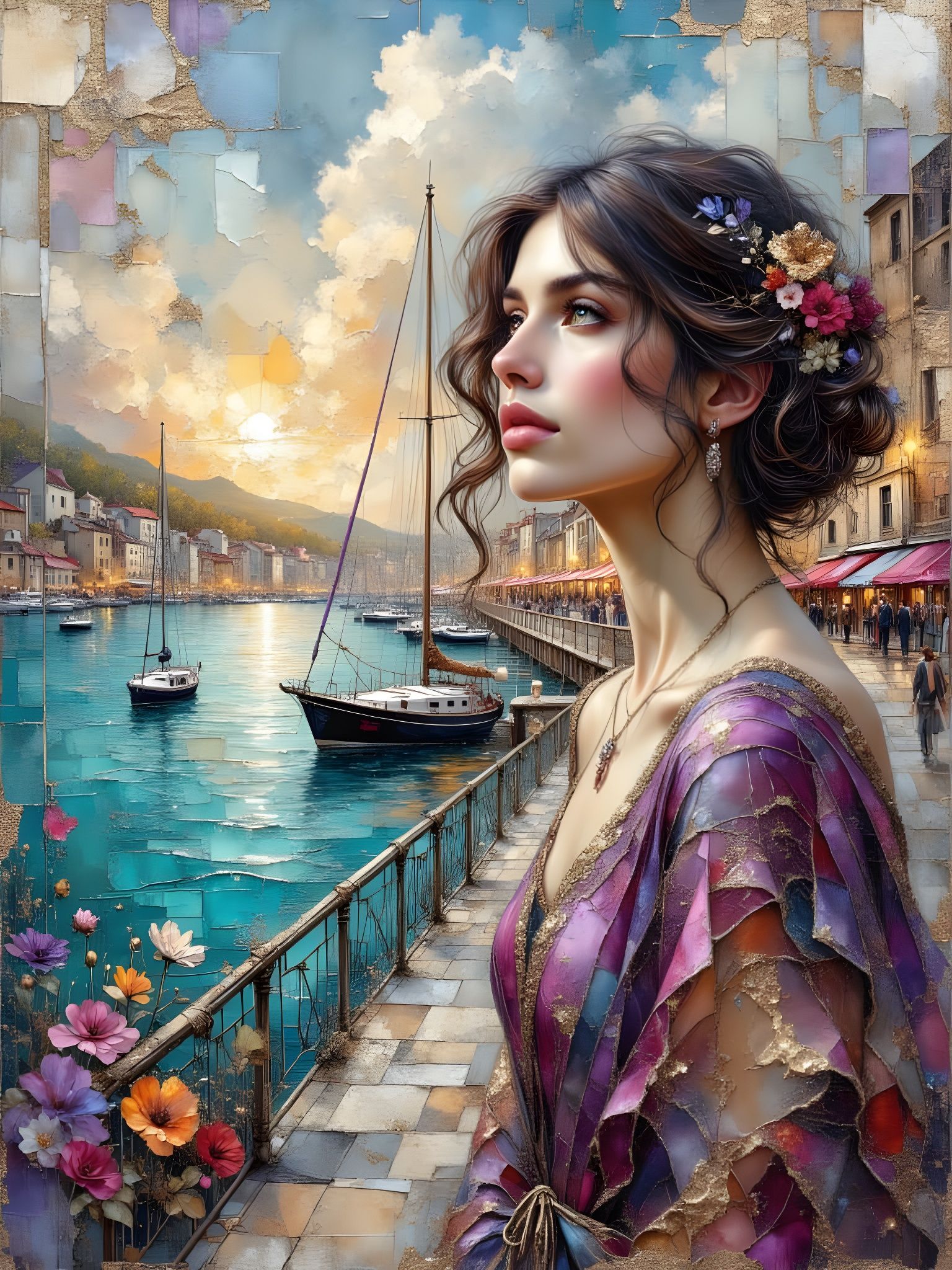 Ethereal Woman on Boardwalk in Winter City