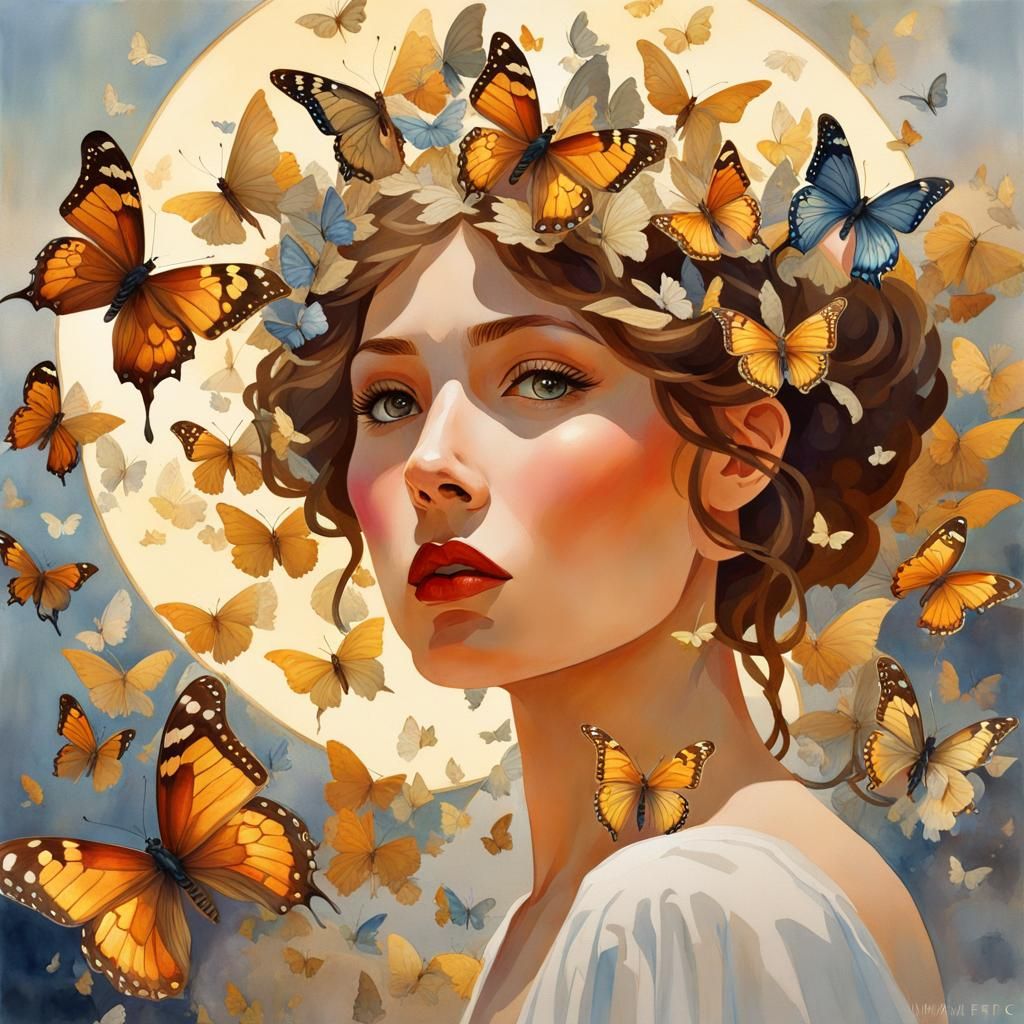 Surreal Girl with Butterflies in Watercolor Style