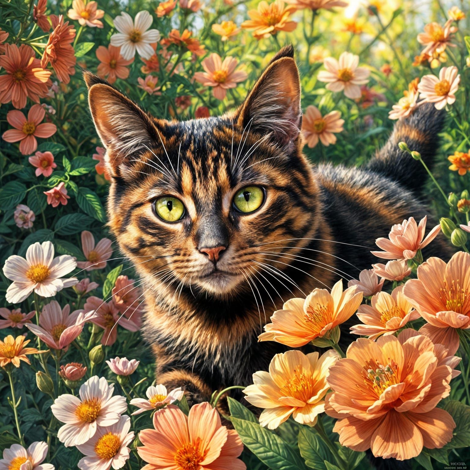 Vibrant Spring Garden Scene with a Tortoiseshell Cat