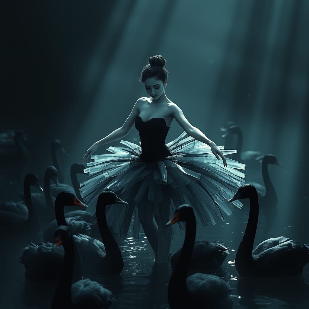 Ballerina Amidst Black Swans in Dramatic Light
