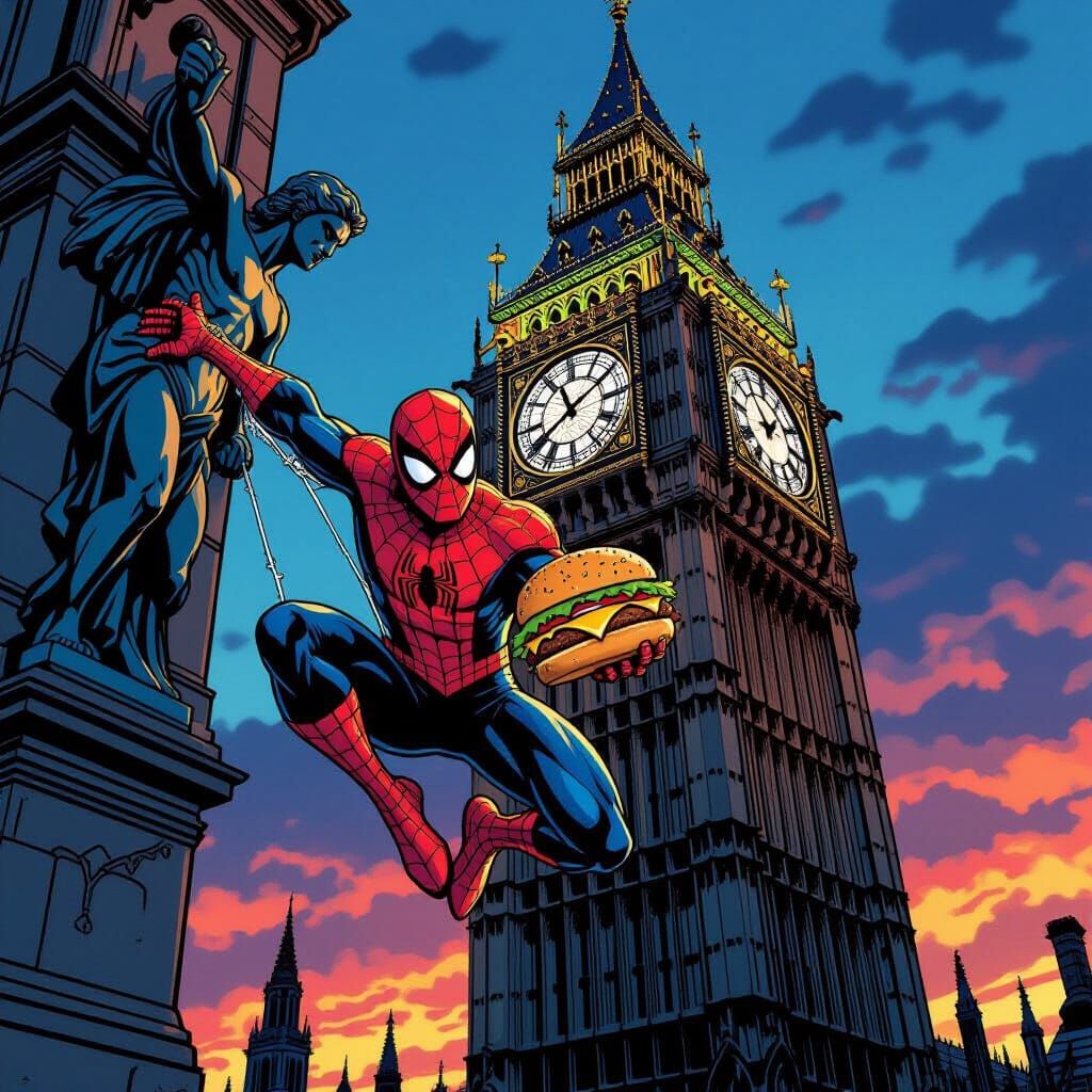 Spiderman Climbs Big Ben Eating Cheeseburger at Twilight