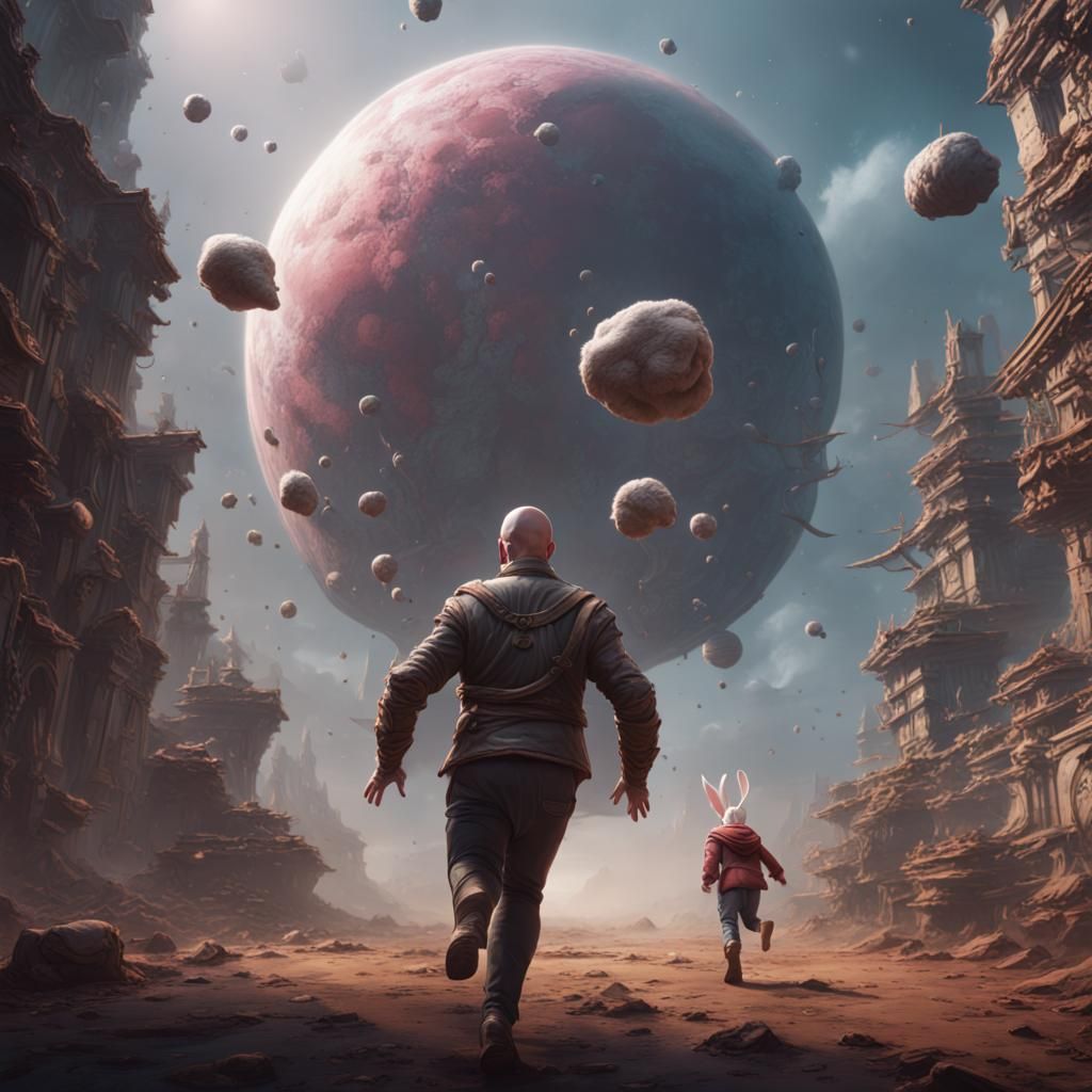 Bald Man Running From Space Bunny in Detailed Painting