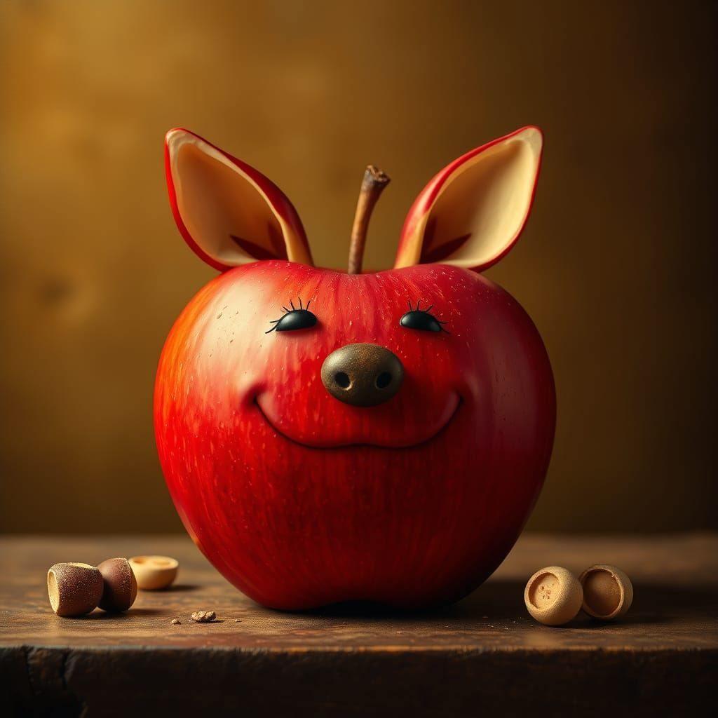 Whimsical Apple Portrait in Earthy Surrealist Style