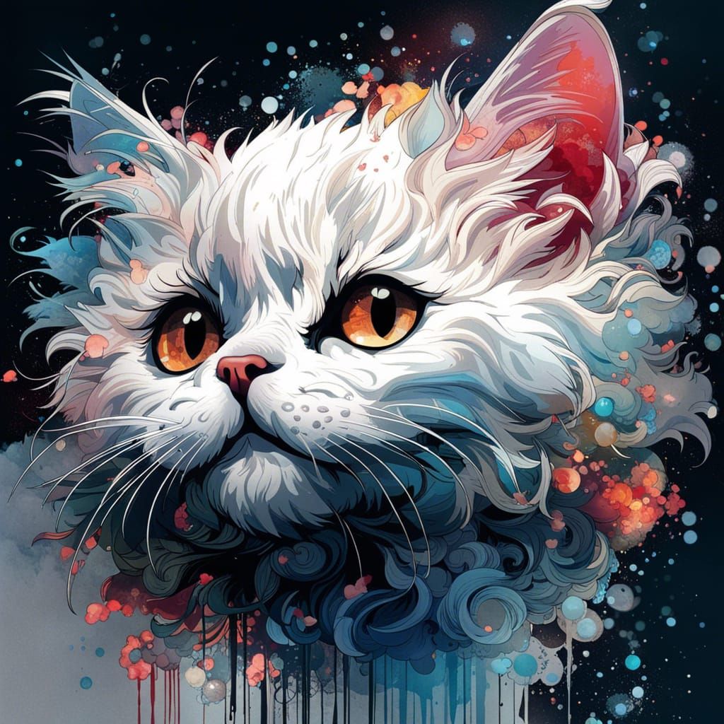 Chibi Cloud Cat in Inkblot Art Style