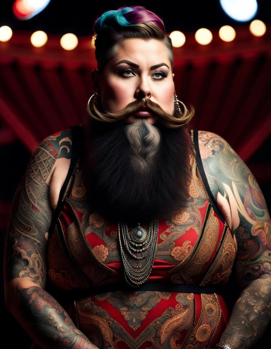 Tattooed Bearded Lady at the Circus: Hyperrealistic Portrait