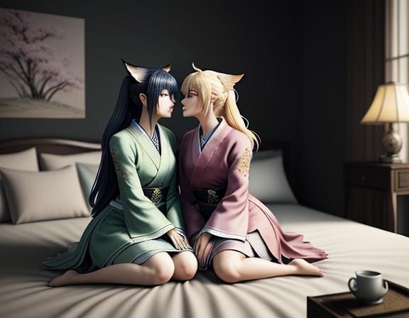 Two Female Kitsune Kissing in Manga Style