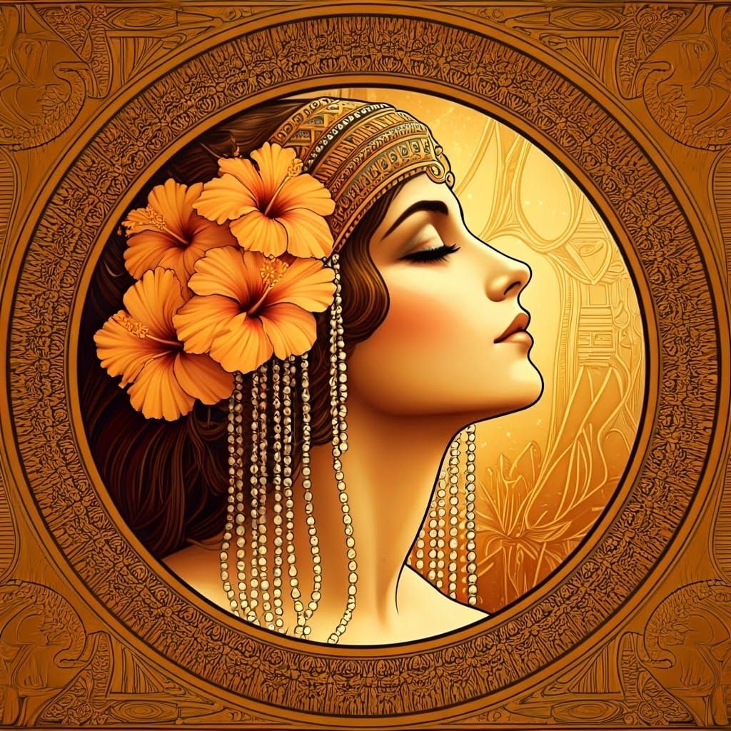 Art Deco Woman with Hibiscus Flowers