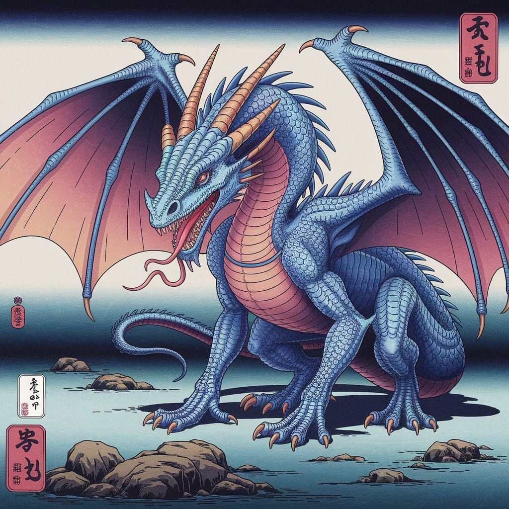 Undead Dragon in Mineral Pigment Ukiyo-e Style