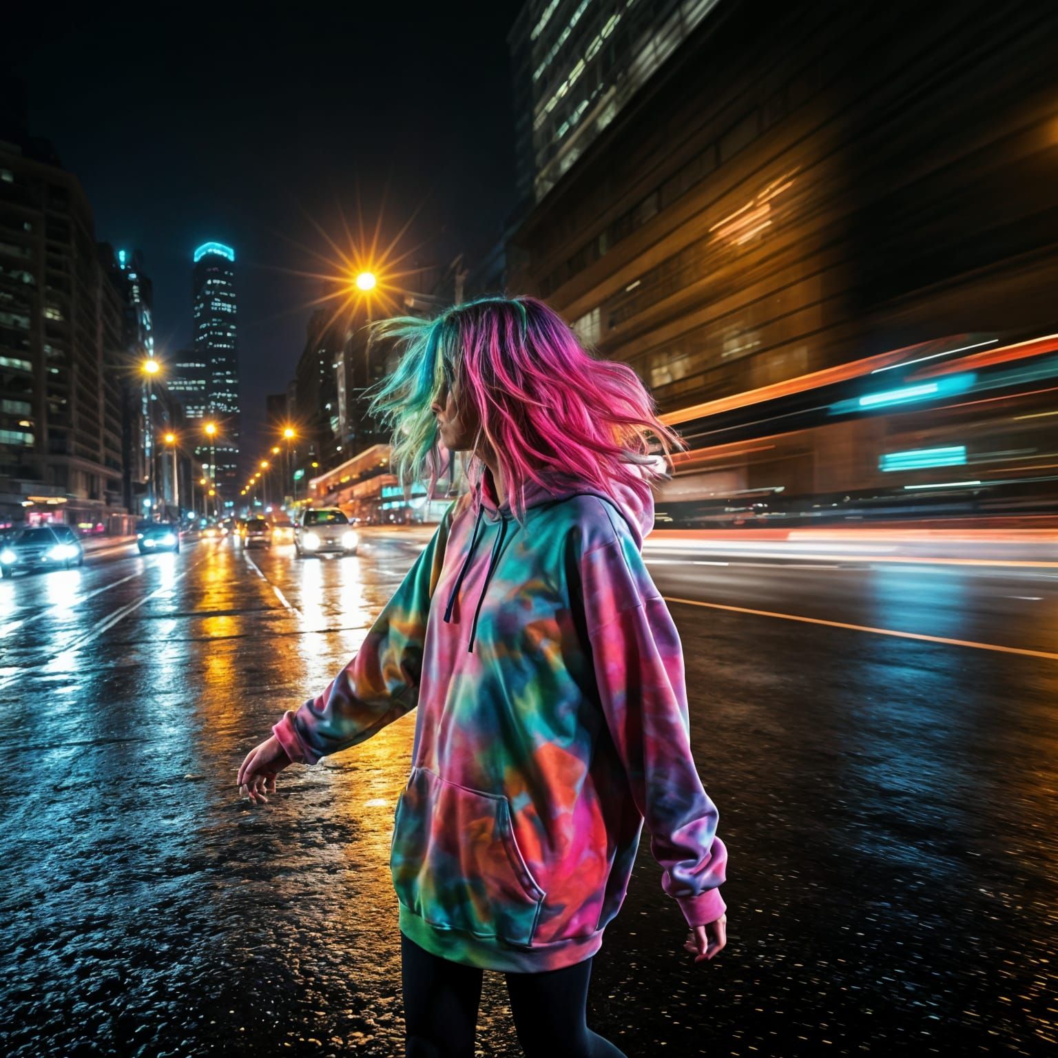 Vibrant Street Photography: Woman in Motion at Night