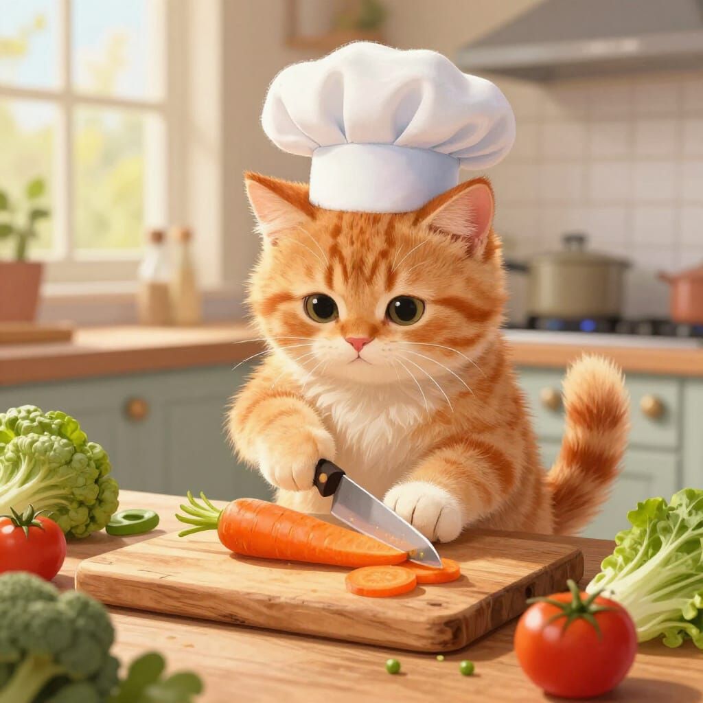 Adorable Kitten Chef Chopping Carrots in Sunny Kitchen