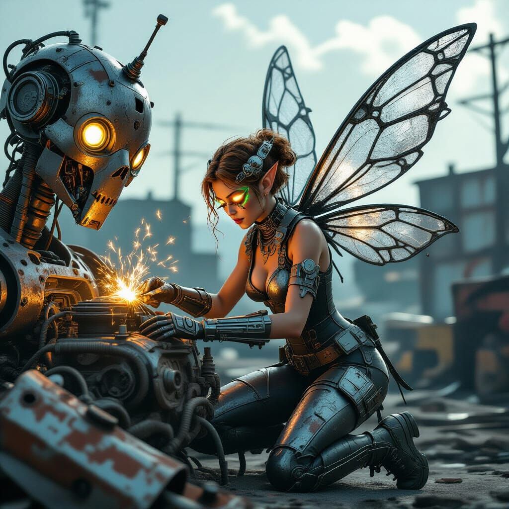 Mechanic Fairy Repairs Robot in Steampunk Style