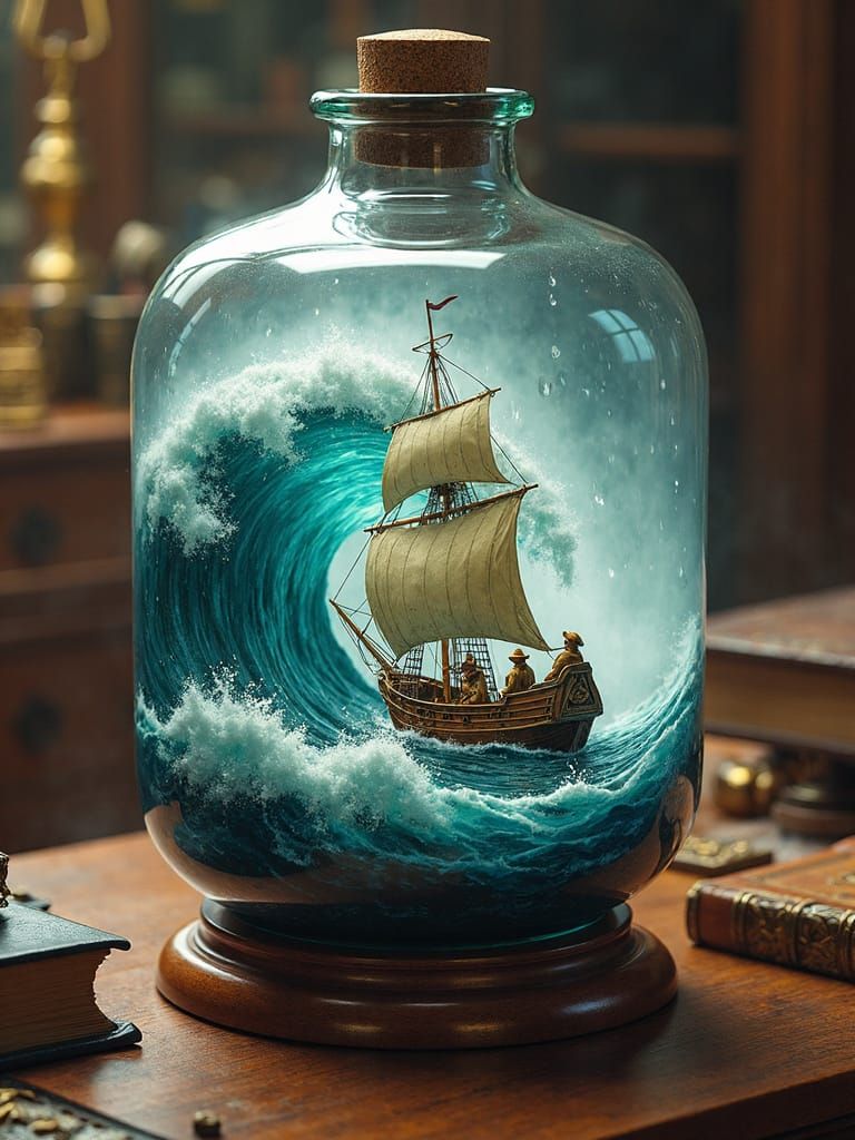 Ship in a Bottle: Hyperrealistic Detailed Scene