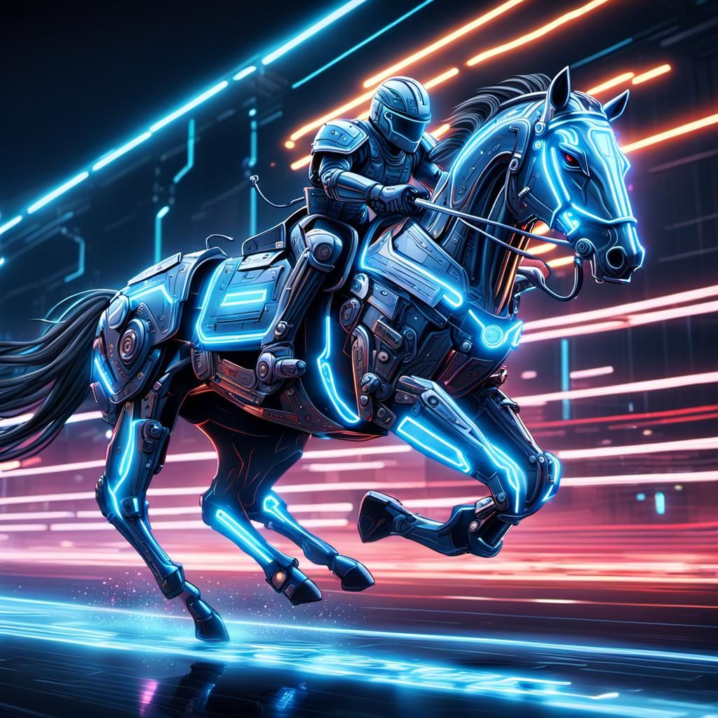 Cybernetic Horse Races on Neon Track in Comic Style