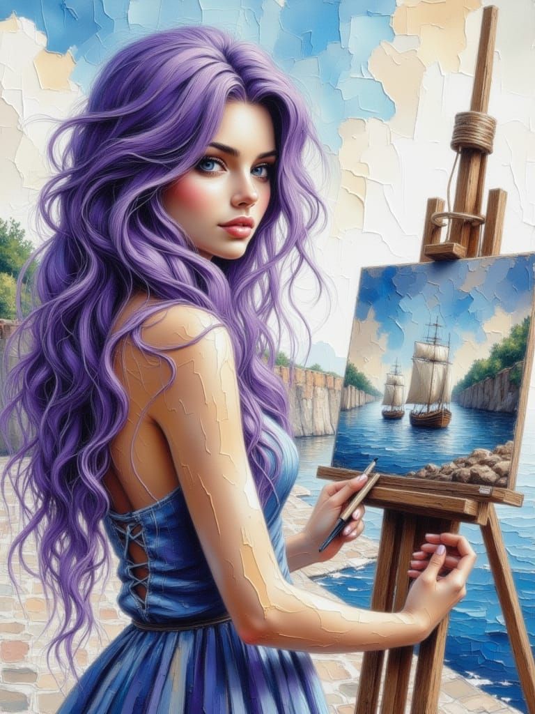 Woman Painting Seascape on Quayside in Watercolour Style