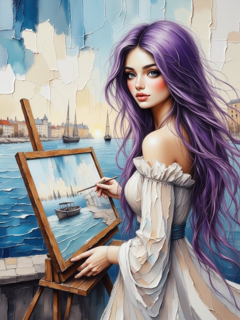 Artist Paints Seascape on Quayside in Watercolour Style