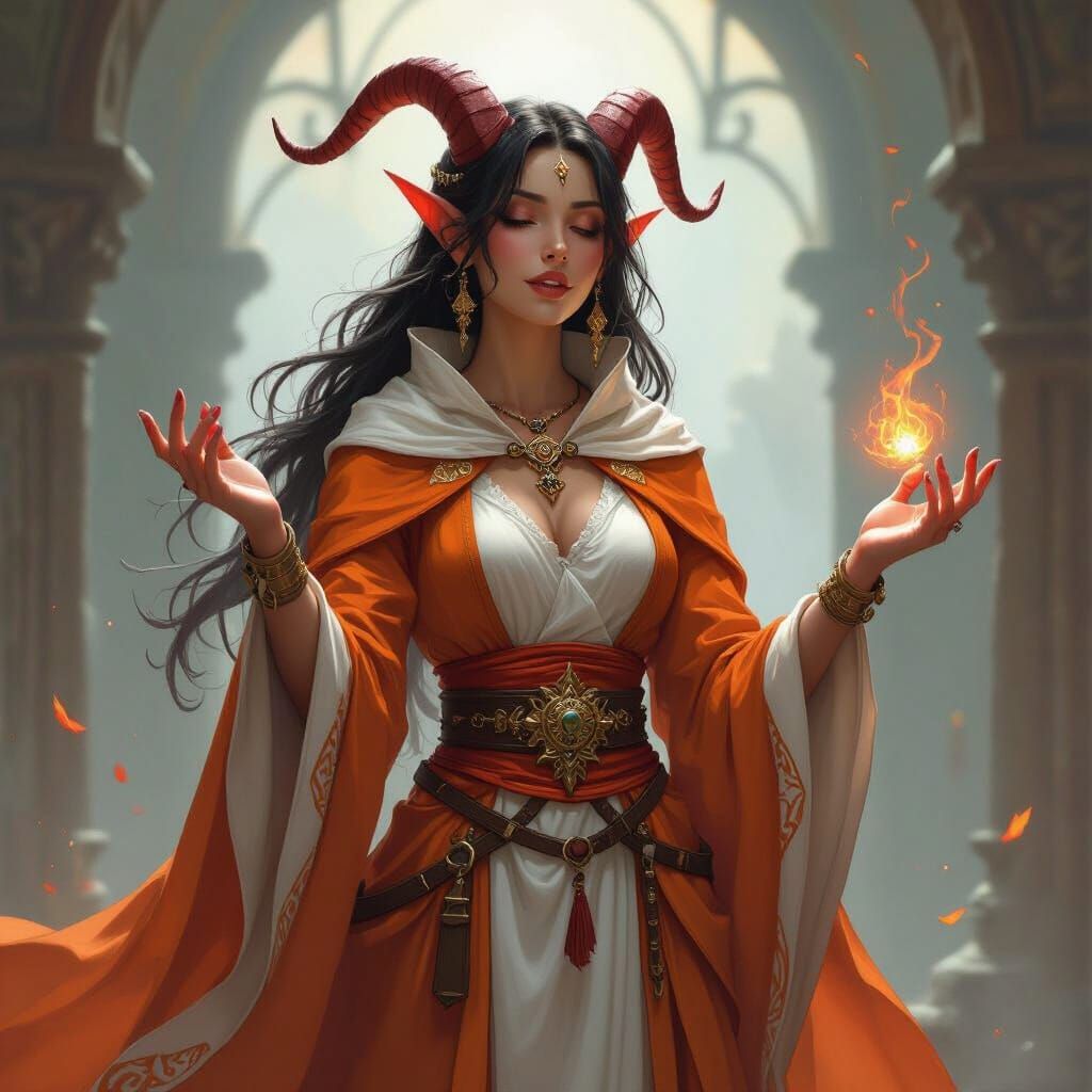 Tiefling Cleric Chanting Spell in Fantasy Art Style
