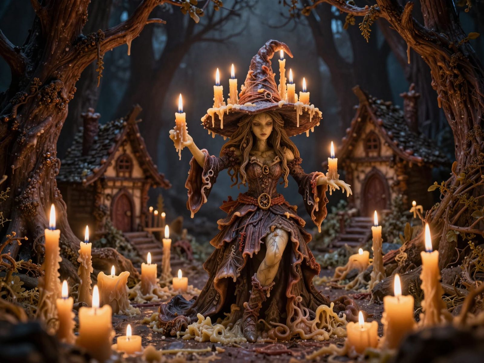 Wax Witch in Burning Forest, Surreal Candle Art