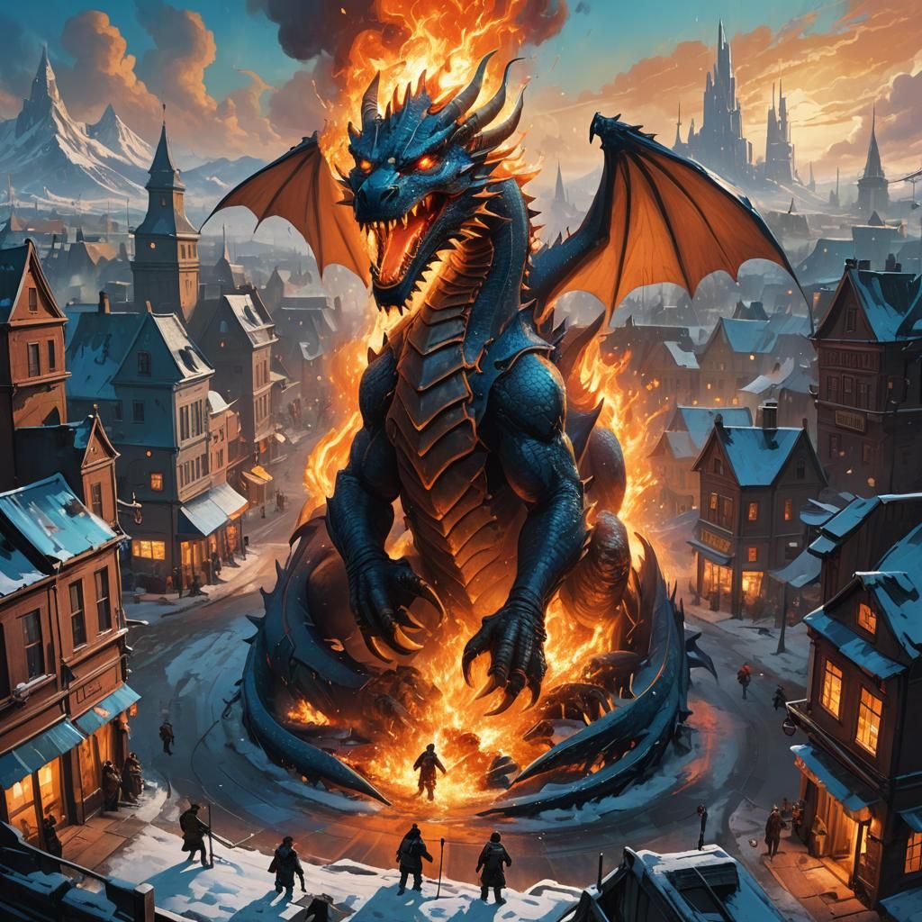 Fantasy City: Fire and Ice Magic vs Dragon
