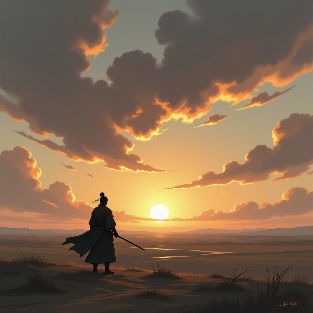 Samurai Warrior Gazes at Ethereal Portal in Painterly Style