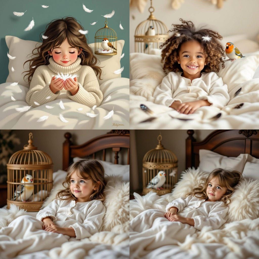 Girl Asleep Surrounded by Bird Feathers