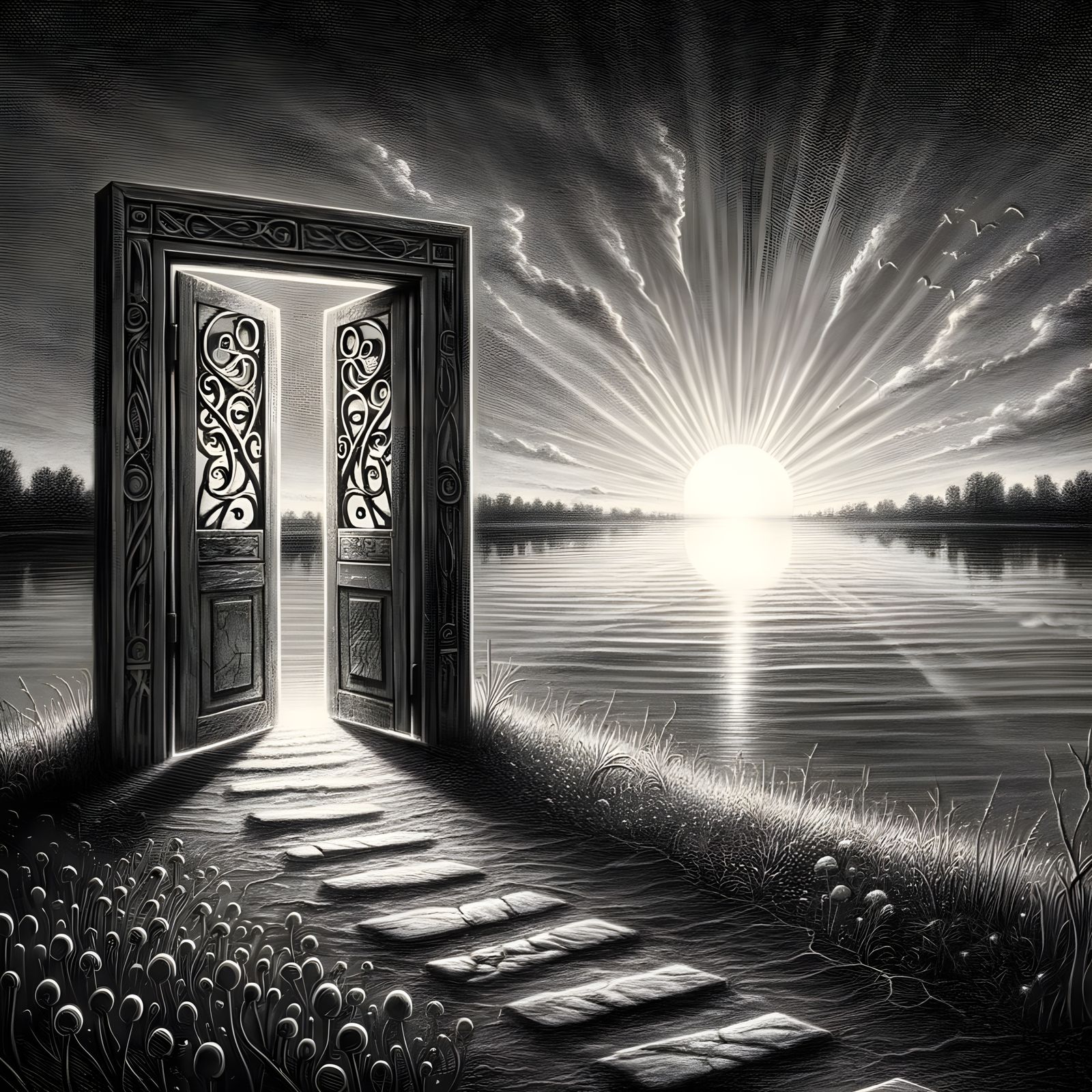 Charcoal Drawing of Lake at Dawn with Open Door