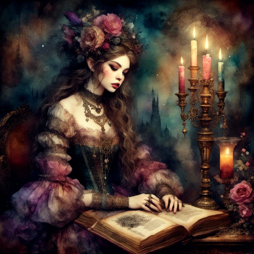Enchanting Victorian Woman in Magical Study, Watercolor Styl...