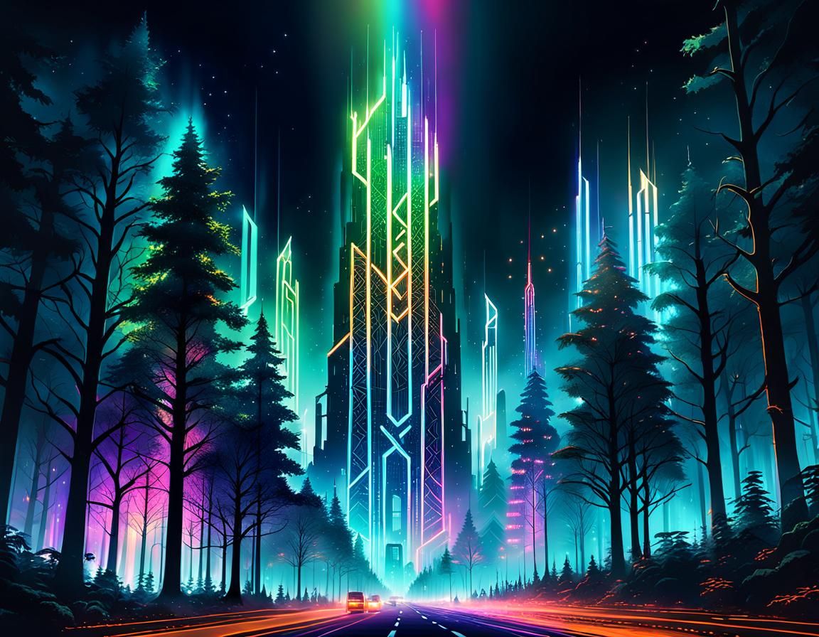 Neon Lit Skyscraper Forest Cityscape