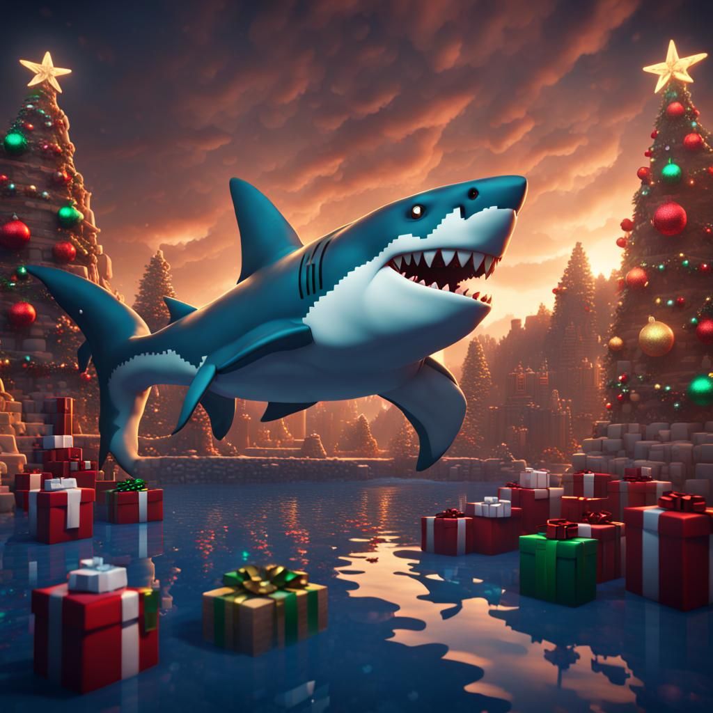 Shark Celebrates Christmas in Minecraft World