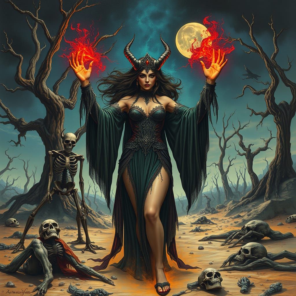 Gothic Metal Sorceress in Desolate Wasteland